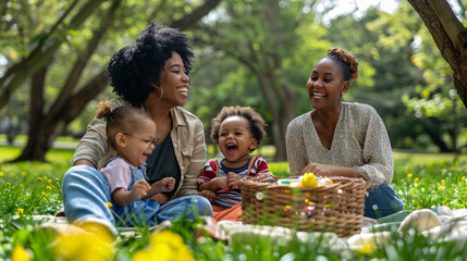 Two mothers laughing and having a picnic with their two children in a park. The mothers are wearing casual clothing and the children are wearing colorful outfits. The park is green and lush, with a - Powered by Adobe