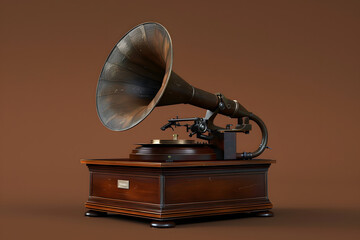 A high-quality image of a vintage gramophone on a solid dark brown background