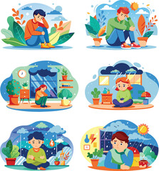 Set flat illustration of a people with depression, vector illustration.