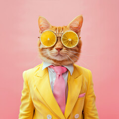 cute red cat with short blonde hair in yellow suit and pink tie, wearing round sunglasses made of lemon slices over eyes, pastel background,