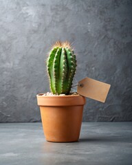 Cactus in pot with blank paper tag on grey concrete background.