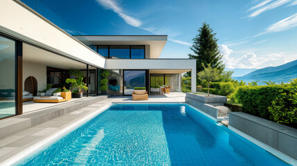 Exterior modern luxury villa with pool and garden, nobody inside