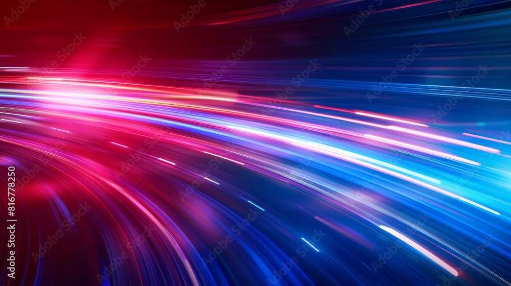 Poster the concept of a dynamic neon race color trail in blue and red. digital technology internet data and