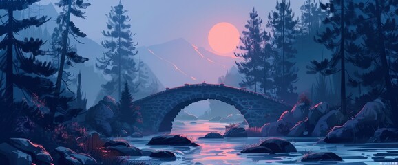 The Illustration Depicts The Setting Sun Over An Old Stone Bridge In A Mountain Stream Surrounded...