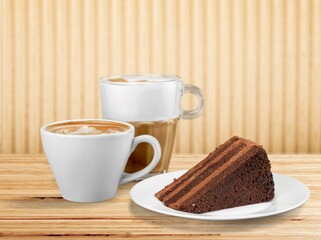 Lunch at  cafe with sweet cake, coffee cup