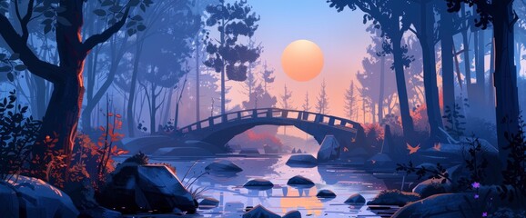 The Illustration Depicts The Setting Sun Over An Old Stone Bridge In A Mountain Stream Surrounded...