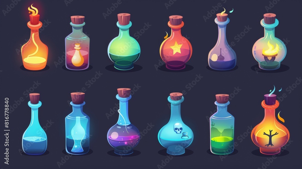 Aufkleber the elixir potion bottle cartoon icon set for magic games. a medicine flask with poison modern illus