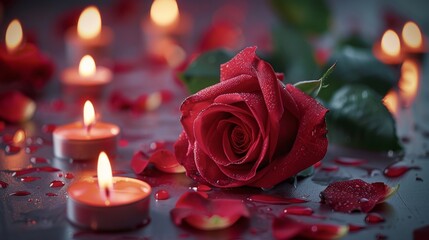 On a red background, a red rose is surrounded by candles. Concept for an intimate Valentine's celebration. Generative AI.