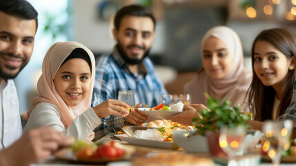 Naklejka premium Muslim family gathering around dining table for Ramadan dinner.