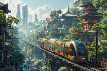 Futuristic train traveling through a city blending traditional Asian architecture and modern skyscrapers. Greenery and red lanterns add vibrant contrast. Innovative urban design merges technology