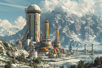 Expansive futuristic city with sleek white towers and domed buildings against snowy mountains. Advanced architectural design with greenery and water elements,  harmonious blend of nature, technology.