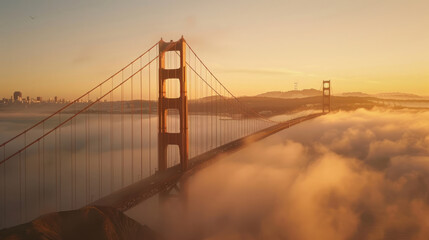 The sun rises behind the fog-covered Golden Gate Bridge, casting a warm, golden glow over the misty...