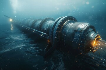 Submerged turbine with lights glowing in deep dark waters. Industrial machine lies on ocean floor with bolts and wires. Water particles illuminated by glow. marine engineering and exploration
