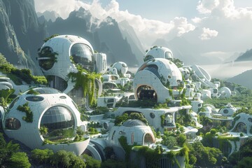 Futuristic cityscape with white dome-shaped buildings and sleek towers amidst lush greenery and flowing water. harmoniously blended with natural elements, creating a peaceful, advanced environment.