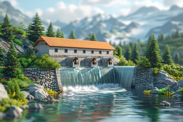 Picturesque mountain landscape with a stone building with red roof beside a waterfall. Lush green trees and colorful flowers surround clear blue water under bright sky, creating a serene rural scene.