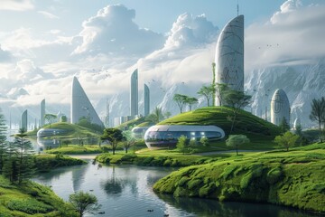 Green futuristic city with modern architecture integrated into hilly landscape. Clear sky with scattered clouds and serene river flowing through. Concept of sustainable living and eco-friendly design