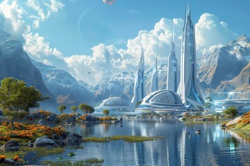 Futuristic cityscape with tall spires and dome-shaped buildings by a lake. Snow-capped mountains in the background under clear blue sky. Scene showcases harmony between advanced architecture