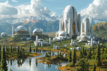 Ultra-modern city with sleek white buildings and domes nestled in snowy mountains. Advanced architecture with clean lines and futuristic elements, integrating greenery and natural surroundings