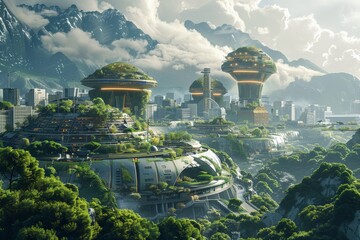 Futuristic city in a lush valley with advanced buildings covered in greenery. Snow-capped mountains in the background. Scene emphasizes integration of technology and nature for sustainable living.
