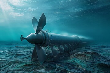 Underwater view of large turbine propeller blades. Industrial machine rests on seabed, surrounded by clear blue water. Light filters through surface. Concept of marine technology and renewable energy.