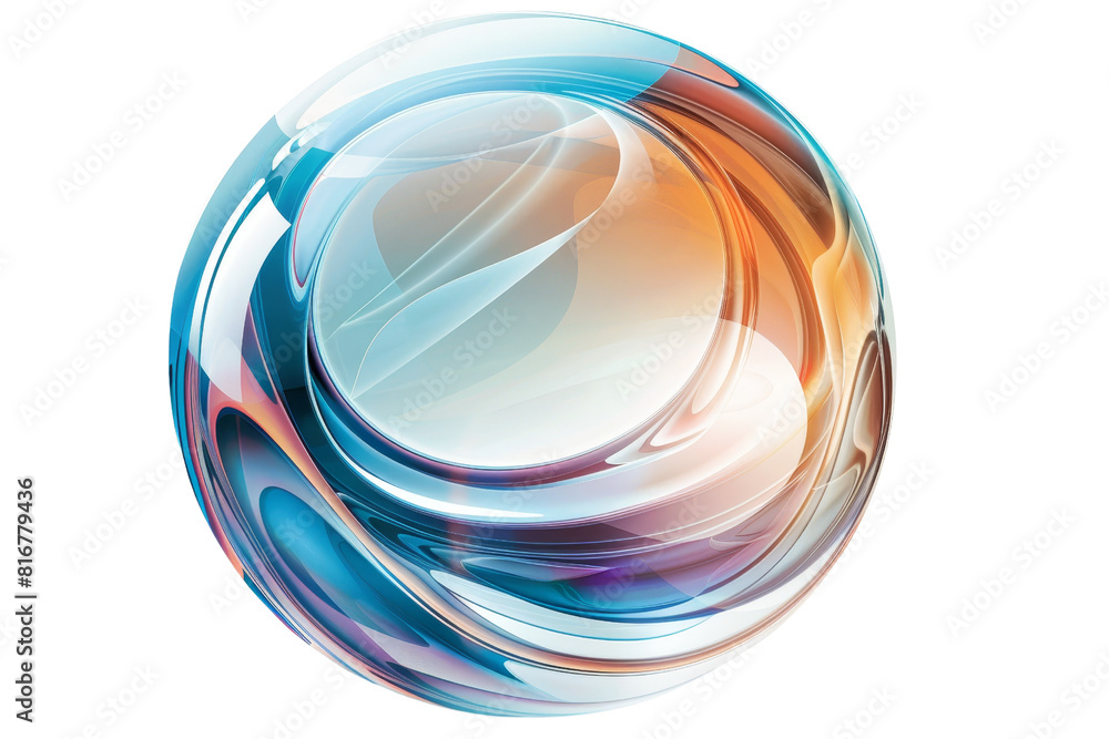 Poster a colorful, abstract, and shiny object with a blue and orange swirl. the object is round and has a s