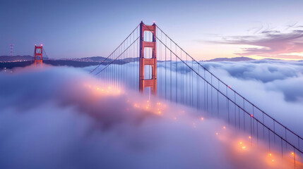 Fototapeta premium The sun rises behind the fog-covered Golden Gate Bridge, casting a warm, golden glow over the misty landscape as the city awakens to a new day. 