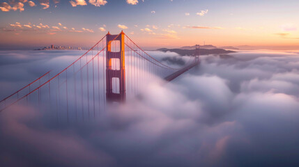 The sun rises behind the fog-covered Golden Gate Bridge, casting a warm, golden glow over the misty landscape as the city awakens to a new day. 