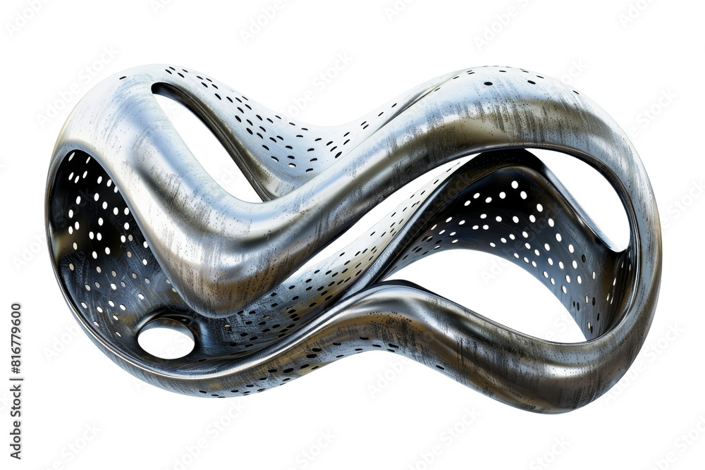 Poster a silver object with a hole in the middle. it is a sculpture of a circle. the circle is made of meta
