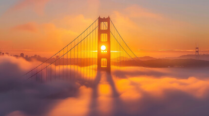 The sun rises behind the fog-covered Golden Gate Bridge, casting a warm, golden glow over the misty landscape as the city awakens to a new day. 