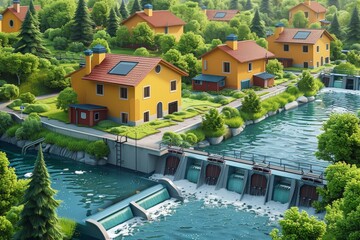 Bright yellow houses with red roofs beside a hydropower plant in lush green valley. Clear water and vibrant greenery create a picturesque rural community under a bright sky...