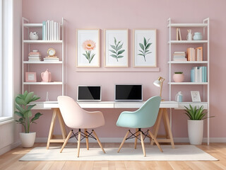 Home workplace, modern office room sunny, minimalistic style interior in pastel colors realistic vector with white furniture, laptop on desk, rack, and bookshelves, photo frames on wall design