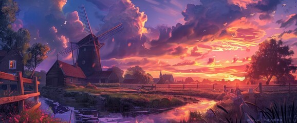 Vibrant Digital Painting Of A Windmill In The Netherlands, A House Next To It, A Sunset Sky, A...