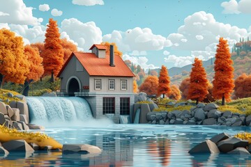 Cozy house with red roof beside a waterfall surrounded by autumn trees. Clear blue water and bright sky create a peaceful rural scene with vibrant fall colors.