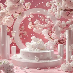 White flowers and petals scattered around a circular stage with branches and circular frames. Set against pink background. Dynamic composition creates dreamy,  evoking springtime beauty.