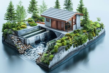 Detailed miniature model of eco-friendly hydropower plant on a small island. Modern house with red roof, lush greenery, and cascading waterfalls represent sustainable energy solutions...