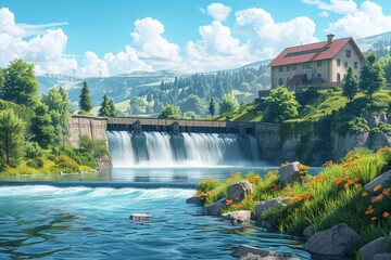 Rustic house with red roof beside a hydropower plant in lush green valley. Clear blue water and vibrant orange flowers under bright sky create a serene rural landscape.