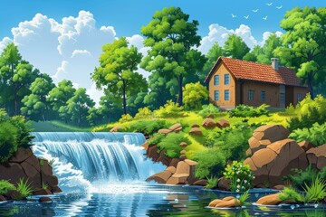 Cozy house with red roof beside a small waterfall in lush green forest. Clear blue water and bright sky create a serene and tranquil rural landscape.
