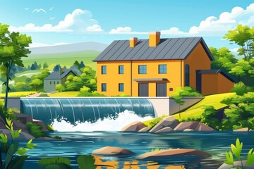 Bright yellow house with black roof beside a waterfall in lush green countryside. Clear blue water and vibrant greenery create a picturesque and serene rural scene.
