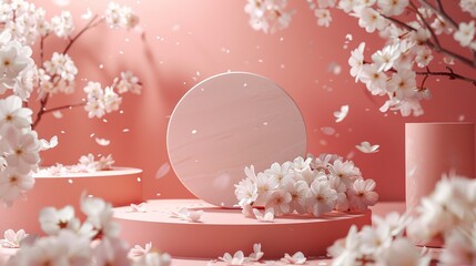 Cherry blossoms and petals arranged on circular platforms with pink background. Flowers and petals appear to be floating, creating a soft, ethereal atmosphere. Natural beauty and springtime essence