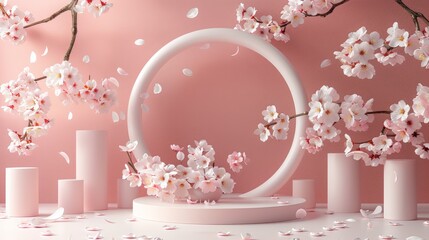 White cherry blossoms arranged around a circular frame with pink background. Petals gently falling, creating a serene, delicate scene. Cylindrical elements add depth, romantic setting.