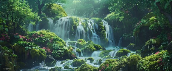 Waterfall In The Forest, Mossy Rocks And Lush Greenery, Colorful Flowers, Fantasy Landscape, Anime Style 