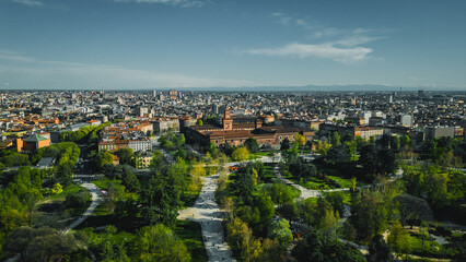 Aerial view photo of famous Sempione park in the heart of Milano, Lombardia, Italia