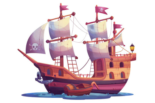 recommend clip art: A cartoon drawing of a pirate ship with a skull flag on the mast. The ship is sailing in the ocean with a small boat in the water