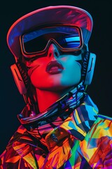 a woman in ski gear is wearing the goggles, and a colorful jacket