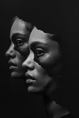AI generated illustration of an abstract composition of two female faces merged in a surreal manner