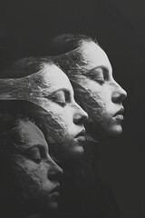 AI generated illustration of three female profiles in monochrome, blended with textured overlay
