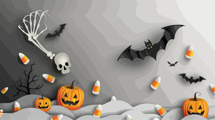 Fototapeta na wymiar Paper bats with Halloween pumpkin candy corns and ske