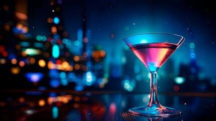 Colorful cocktails in a glass on the bar counter, neon lights on dark night background with lights