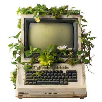 Vintage computer overgrown with plants and flowers