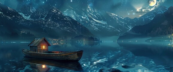 A Small Wooden Boat With An Old Cabin Is Floating On The Lake At Night, Illuminated By Moonlight...